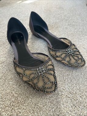 Giorgio Armani Beige Mesh Pointed D'Orsay Flats with Crystal Embellishments
